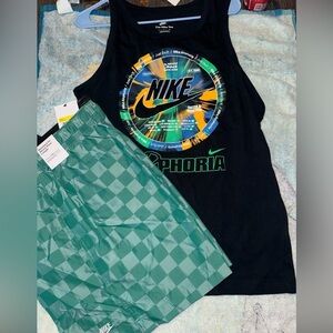 Men’s Nike Black Tank Top with Green Checkered Nike Shorts
